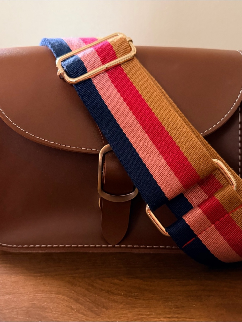 Amazon Essentials Brown Crossbody Bag with Multicolor Stripe Strap
